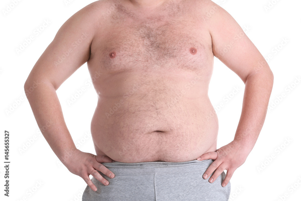 Naklejka premium Fat man on white background. Weight loss concept