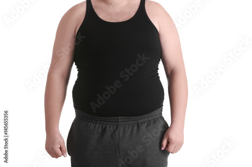 Fat man on white background. Weight loss concept