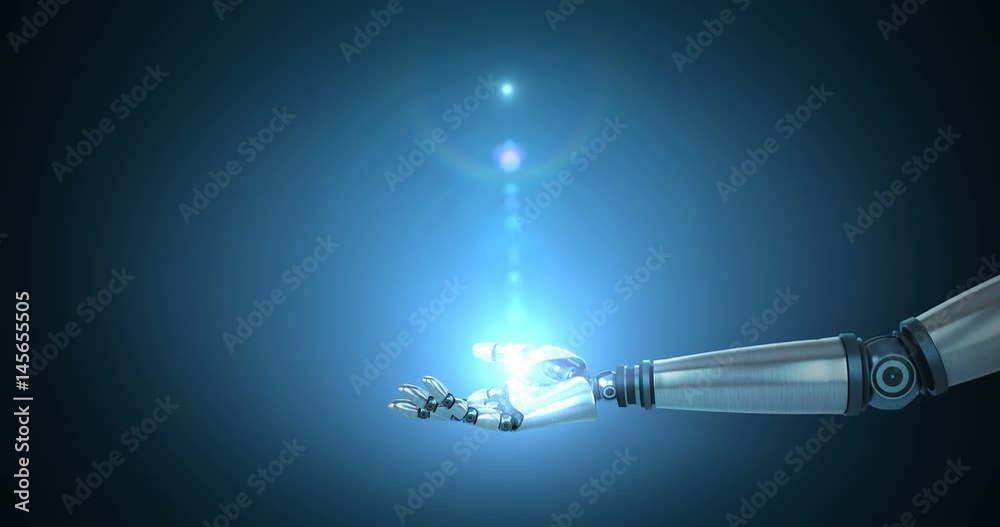 Robotic hand presenting illuminated light against blue background