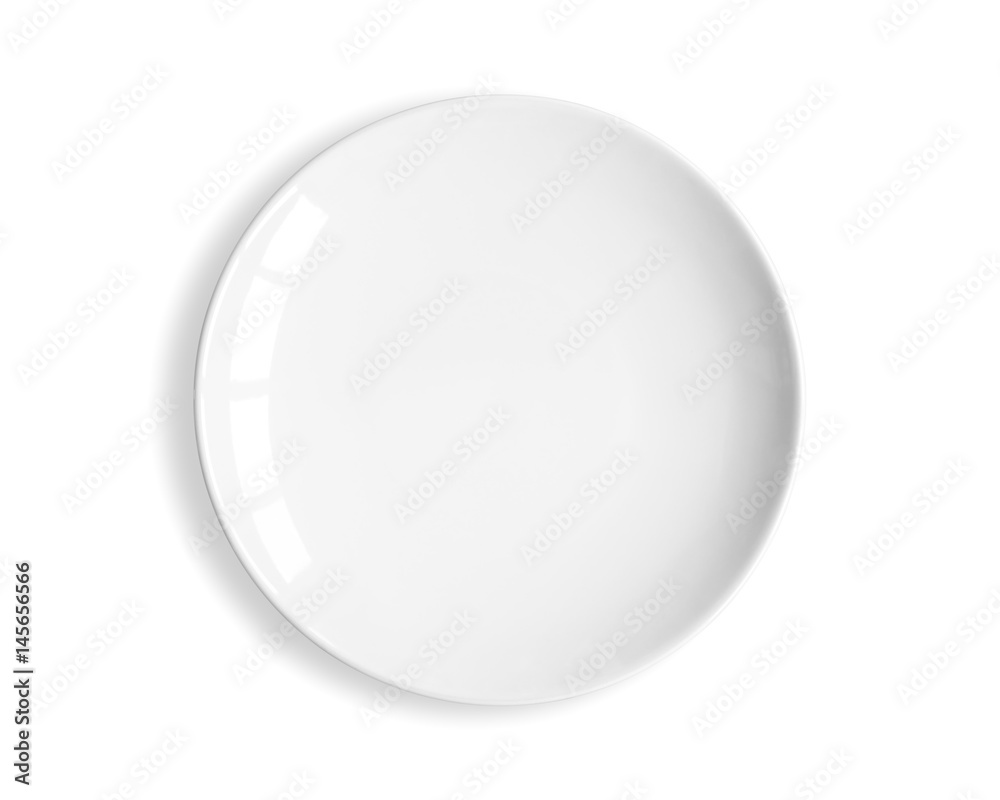 Top view of blank white dish on a white background. - obrazy, fototapety, plakaty 
