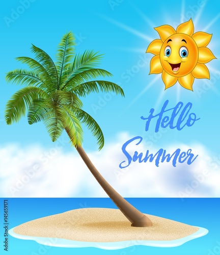 Summer background with tropical island and cartoon sun