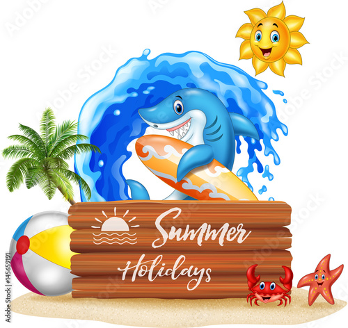 Summer background with surfing shark and wooden sign