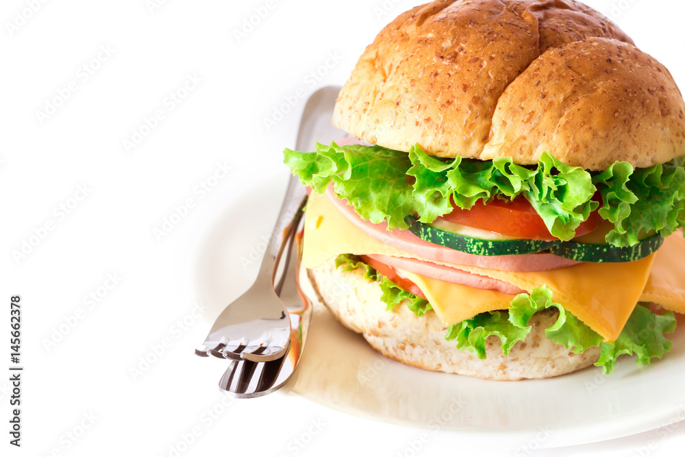 burger sandwiches bread with bacon , ham and cheese with vegetable , healthy breakfast on white background , healthy breakfast food concept burger sandwiches bread with bacon , ham and cheese with vegetable , healthy breakfast on white background , healthy breakfast food concept