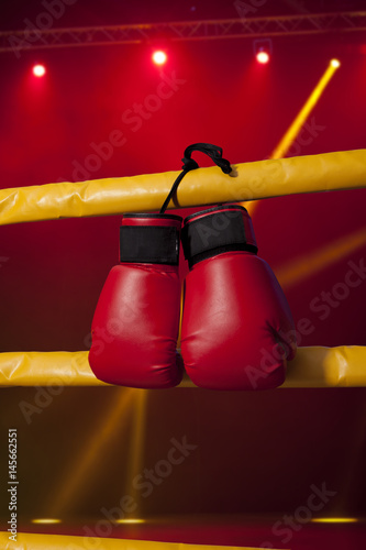 Red boxing gloves hangs off the boxing ring