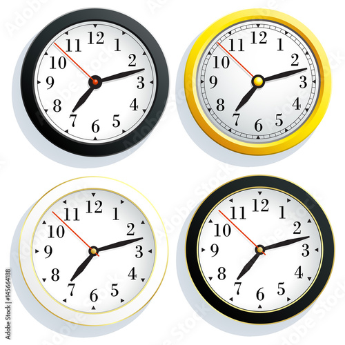 Set round wall clock with a yellow, black and white body, isolated on white background.
