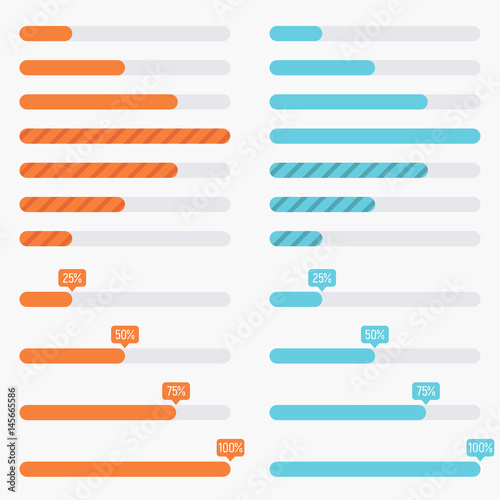 Orange and blue preloaders and progress loading bars in modern flat style