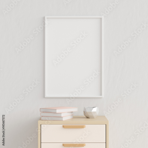 Mockup poster in the interior with books and a table in trendy colors, 3D rendering