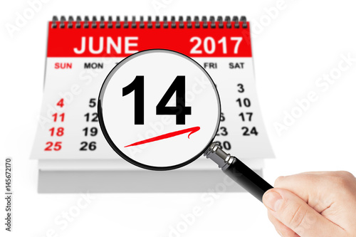 Flag Day Concept. 14 june 2017 calendar with magnifier