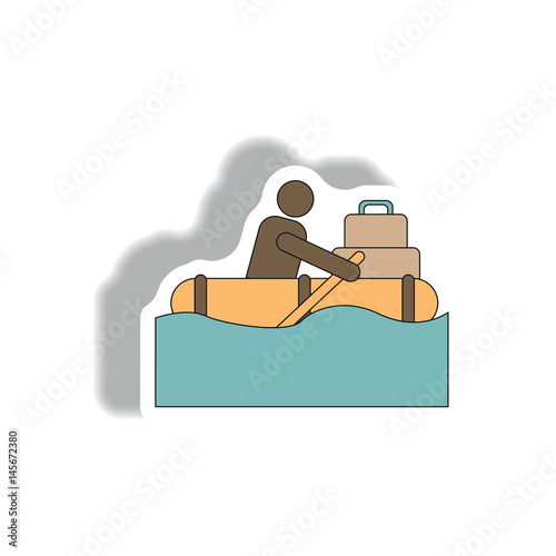 Vector illustration in sticker design of man on raft in flood
