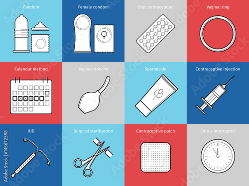 Contraceptive flat line vector icons. Planning pregnancy and birth control. Contraception methods - condom, oral contraception and patch, vaginal spiral and ring, spermicide, surgical sterilization