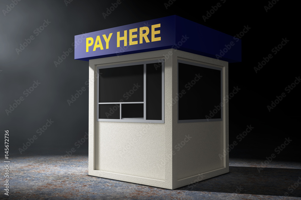Parking Zone Booth with Pay Here Sign in the volumetric light. 3d Rendering Parking Zone Booth with Pay Here Sign in the volumetric light. 3d Rendering