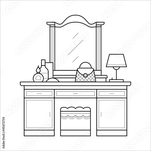 Dressing table in thin line. Table with mirror. Element of woman bedroom furniture. Flat vector icon in simple outline style. Black linear illustration isolated on white background.