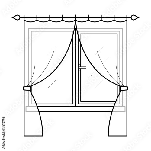 Vector black icon of couple curtains for house interior. Fabric drapery element for home decoration in thin linear style. Window decor for room or kitchen. Flat illustration isolated on background.