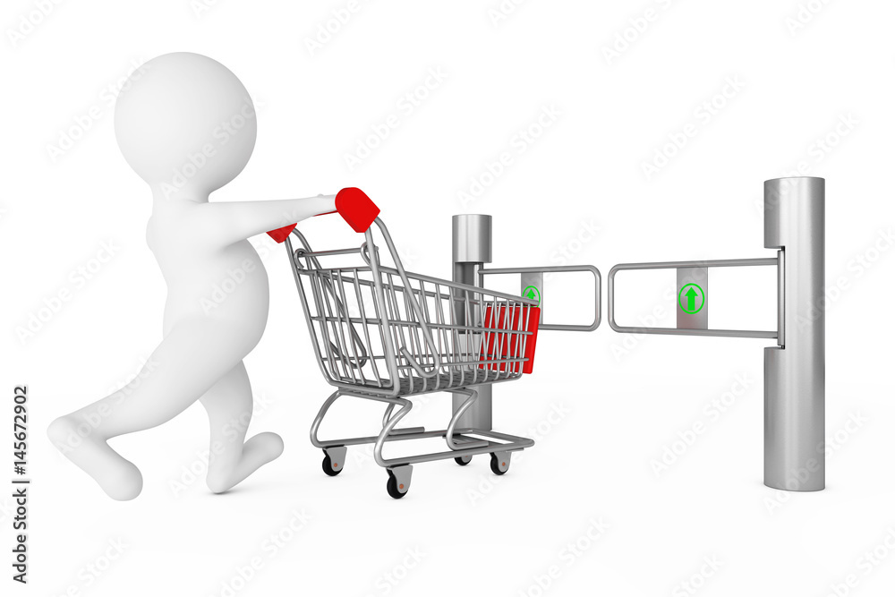 3d Person with Shopping Cart in front of Shop Turnstile Entrance Tourniquet with Arrow Sign. 3d Rendering 3d Person with Shopping Cart in front of Shop Turnstile Entrance Tourniquet with Arrow Sign. 3d Rendering