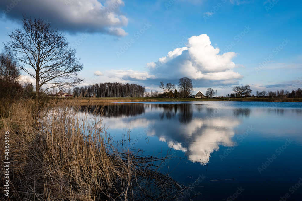 reflections of coutry house in the lake water