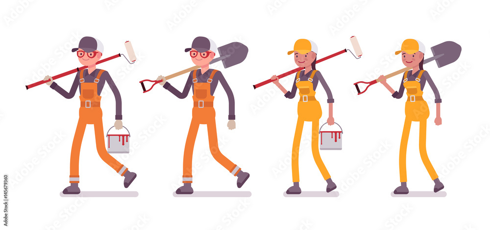 Fototapeta premium Set of male and female worker walking with tools, bright overall