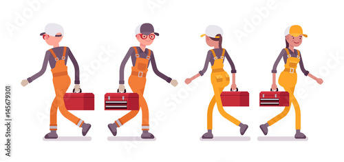 Set of male and female worker walking, wearing bright overall