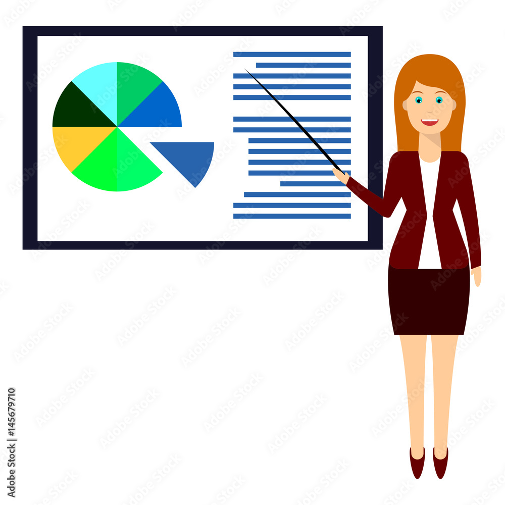 Cute woman character present about business lecture. Training staff, business presentation, meeting, financial report, business school. Flat illustration. Cute woman character present about business lecture. Training staff, business presentation, meeting, financial report, business school. Flat illustration.