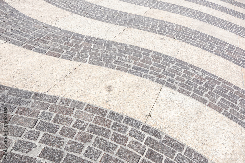 Fototapeta premium Perspective View of Grunge Cracked White Marble Brick Stone on The Ground for Street Road. Sidewalk, Driveway, Pavers, Pavement in Vintage Design Flooring Square Pattern Texture Background