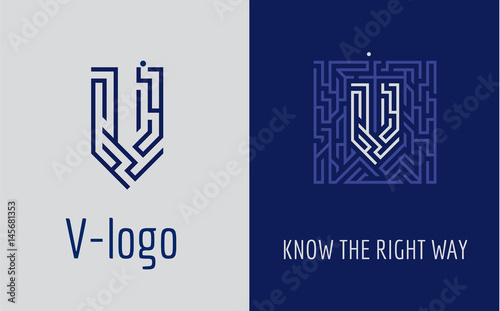 Creative logo for corporate identity of company: letter V. The logo symbolizes labyrinth, choice of right path, solutions. Suitable for consulting, financial, construction, road companies, quests.