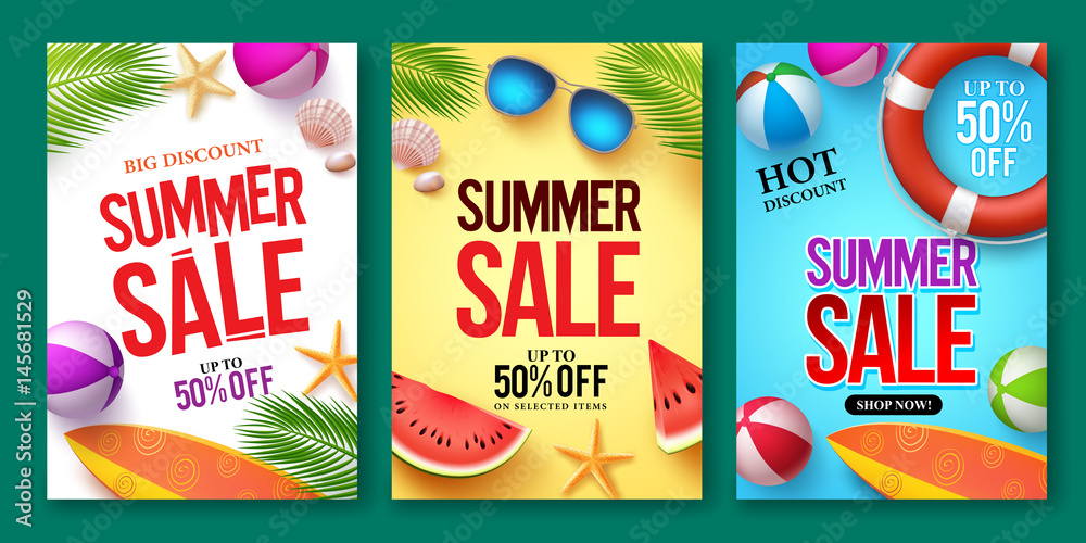 Summer sale vector poster set with 50% off discount text and summer elements in colorful backgrounds for store marketing promotion. Vector illustration. 
 - obrazy, fototapety, plakaty 