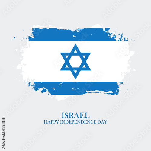 Israel Happy Independence Day greeting card with brush stroke background in israeli national colors. Vector illustration.
