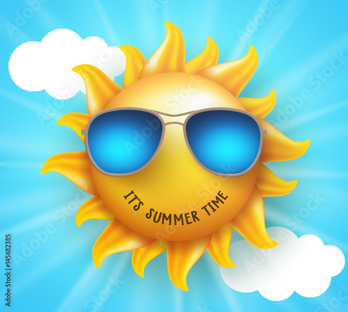 Summer sun vector design with funny smile and summer time text wearing sunglasses in blue background. Vector illustration.
