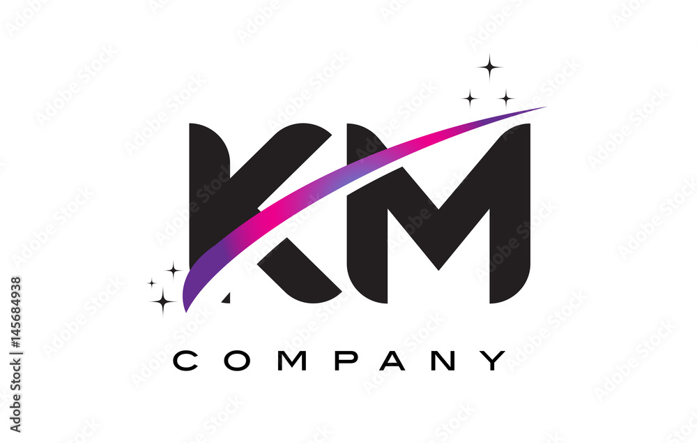 KM K M Black Letter Logo Design with Purple Magenta Swoosh