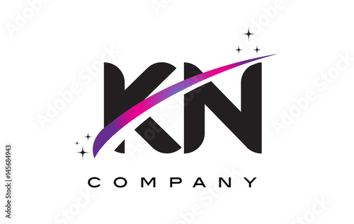 KN K N Black Letter Logo Design with Purple Magenta Swoosh
