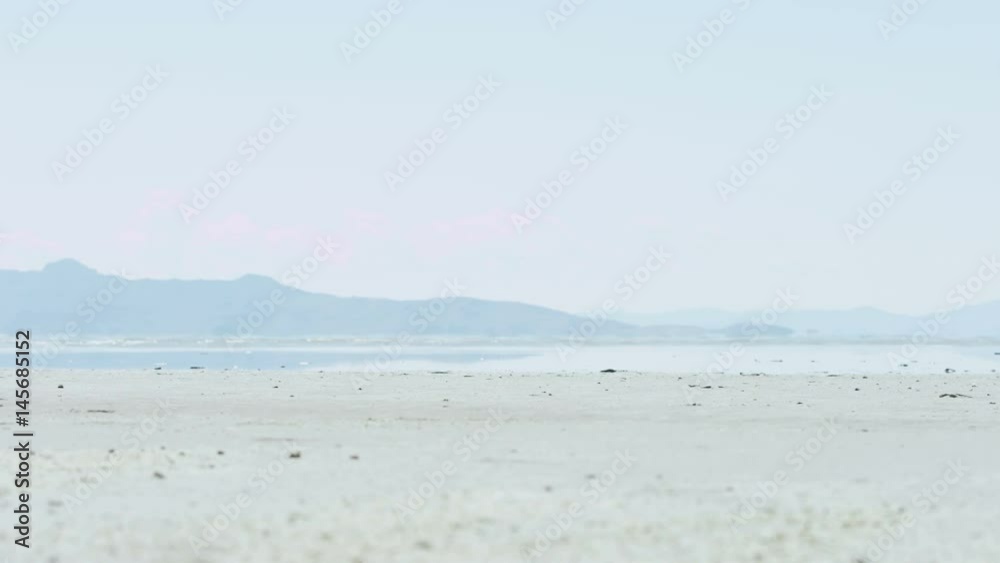 Couple holding hands walks down beach in cold weather Couple holding hands walks down beach in cold weather