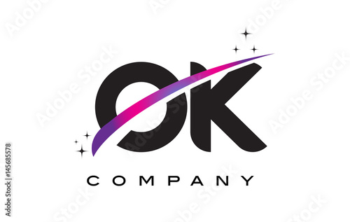 OK O K Black Letter Logo Design with Purple Magenta Swoosh