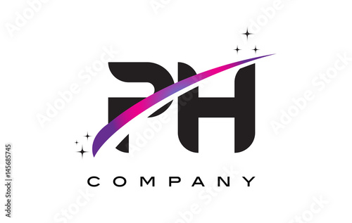 PH P H Black Letter Logo Design with Purple Magenta Swoosh