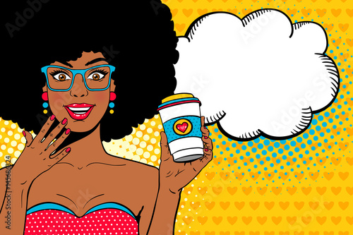Wow pop art female face. Sexy surprised afro american black woman in glasses with open smile holding coffee to go mug and speech bubble. Vector bright background in pop art retro comic style.