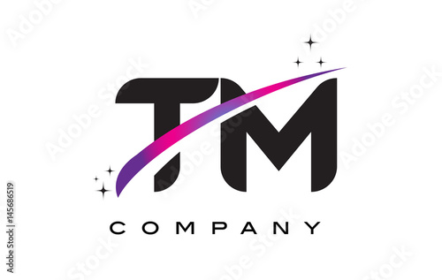 TM T M Black Letter Logo Design with Purple Magenta Swoosh