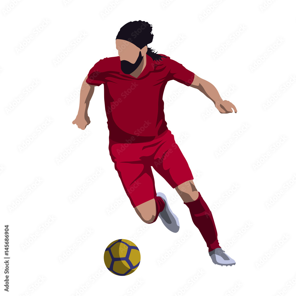 Soccer player kicking ball, isolated vector illustration. Footballer in red jersey