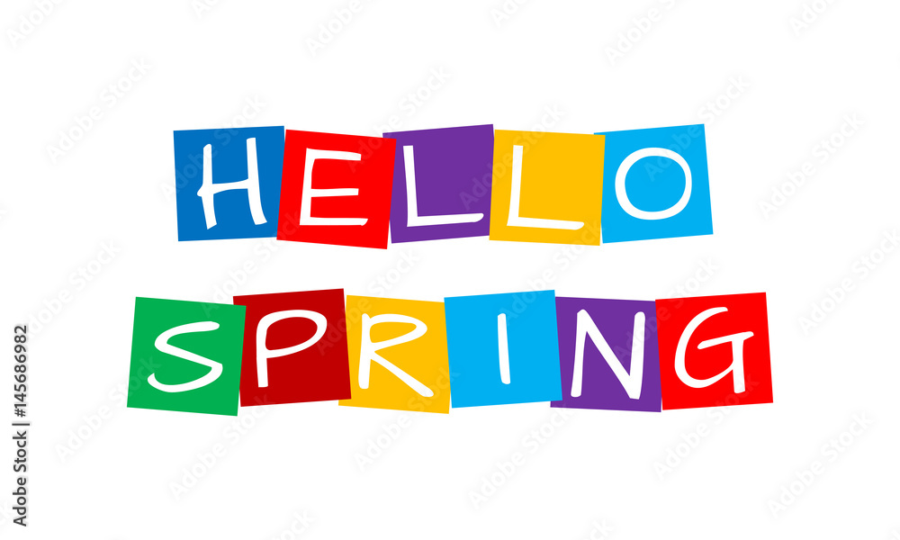 hello spring, text in colorful rotated squares hello spring, text in colorful rotated squares