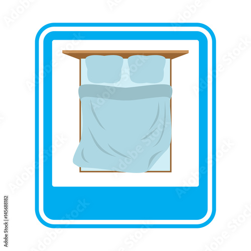 Bed Road sign overnight. Hotel symbol. Blue Rectangle