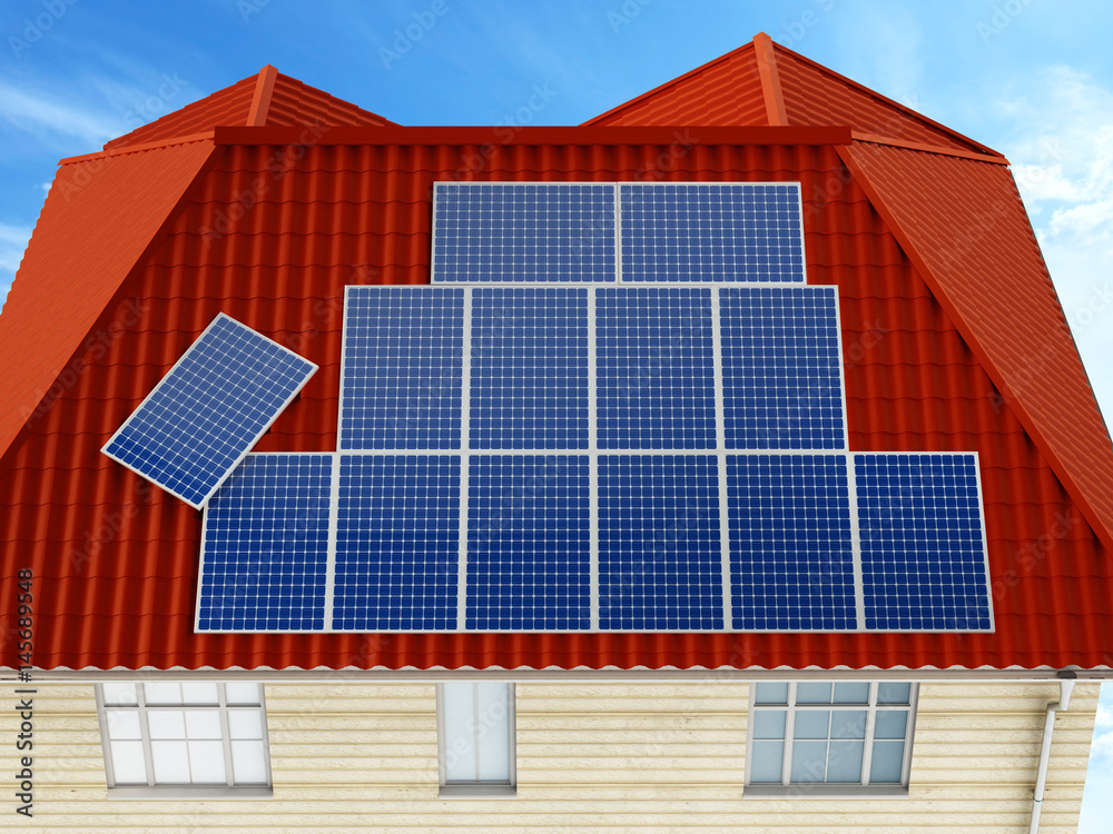 Fototapeta premium Solar panels being installed on building rooftop. 3D illustration