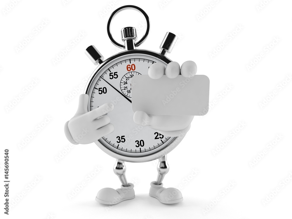 Fototapeta premium Stopwatch character holding blank business card