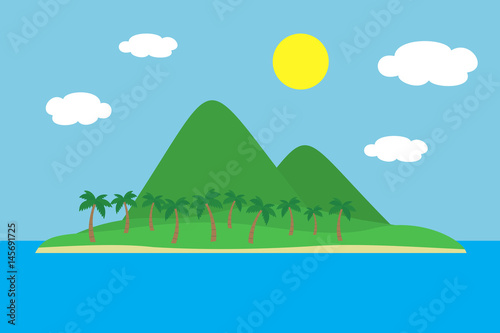 Cartoon colorful view of tropical island with beach under hills, mountains and palms in the middle of blue sea under clear sky with clouds and sun on summer day, suitable for holiday - vector