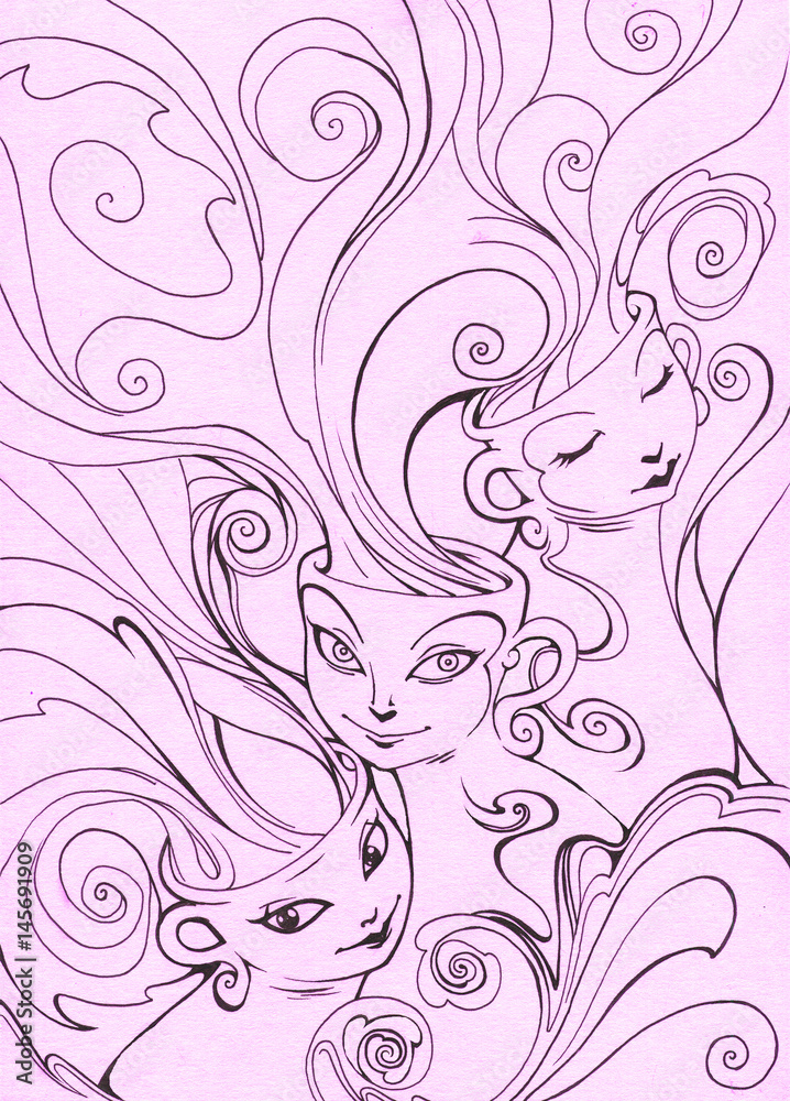 Hand drawn abstract illustration of three cute lady cups Hand drawn abstract illustration of three cute lady cups