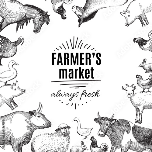 Farmer's market doodle label or badge template for menu design restaurant or cafe. Vector illustration