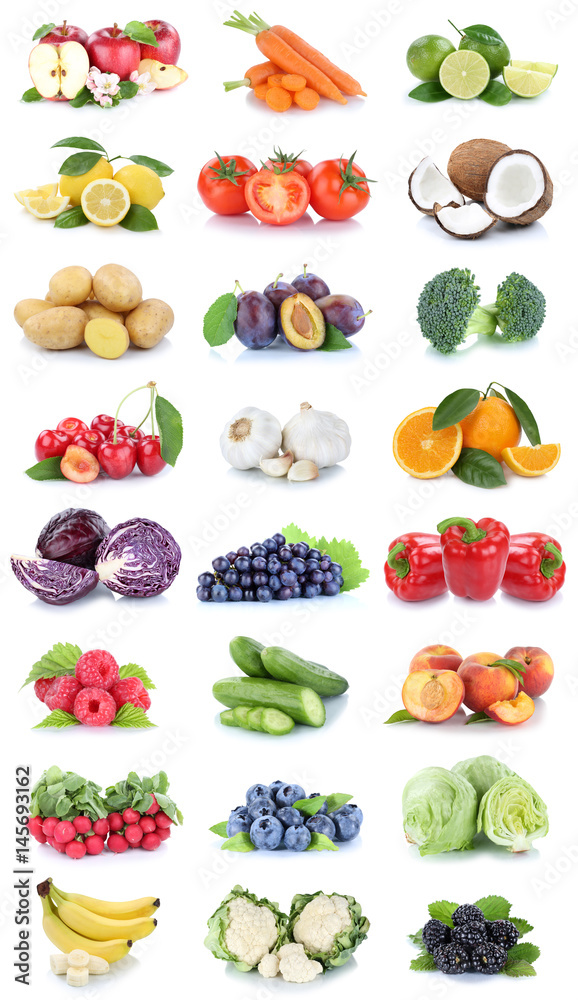 Obst und Gemüse Früchte Sammlung Äpfel, Orangen Tomaten Beeren Bananen Salat Essen Freisteller
