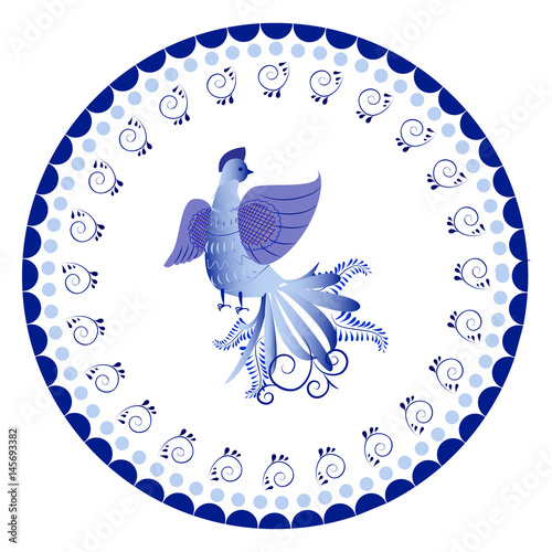 Russian national circular ornament. Blue floral pattern in Gzhel style applied to the ceramic plate.
