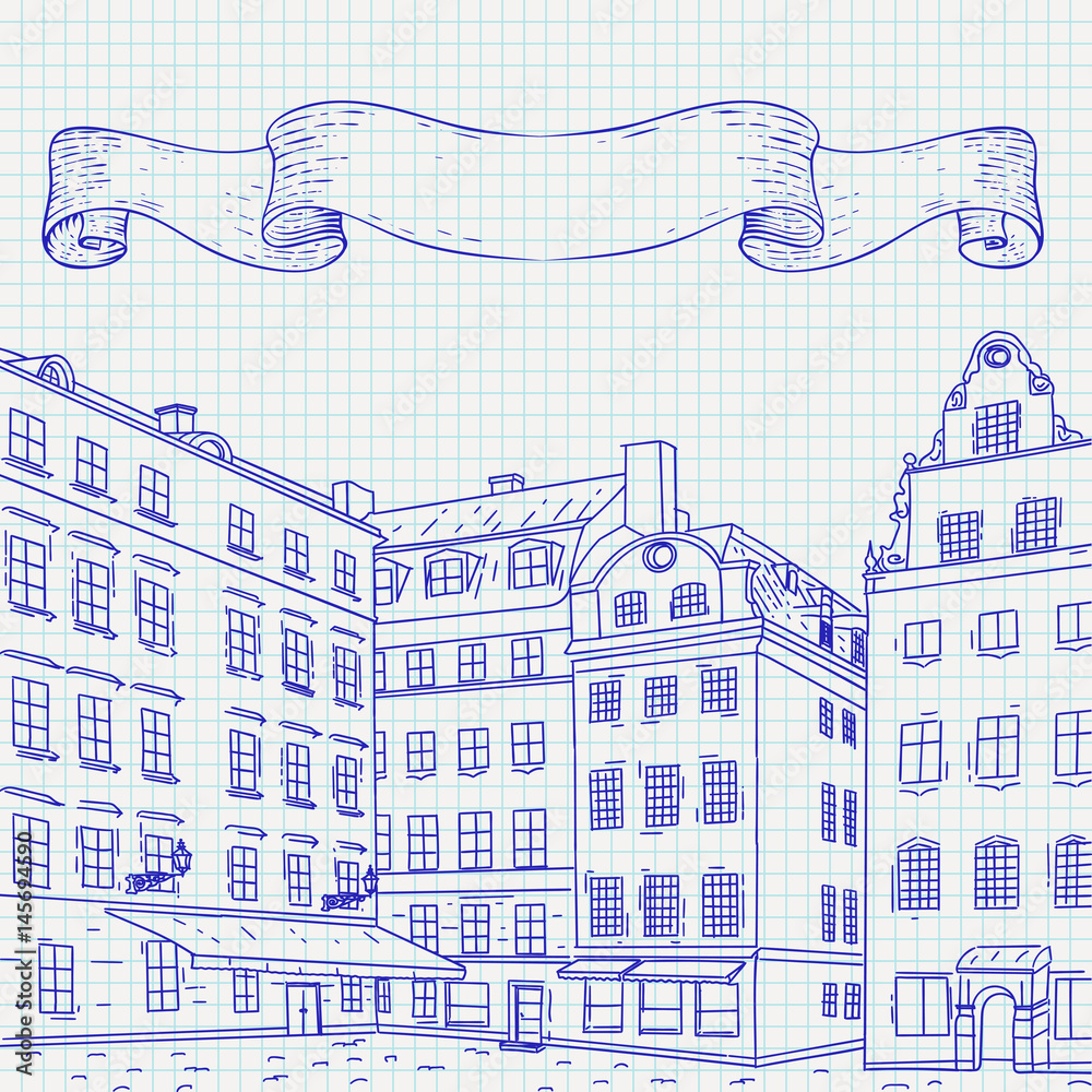 Stortorget square in old city of Stockholm. Hand drawn sketch on notebook sheet background.