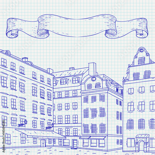 Stortorget square in old city of Stockholm. Hand drawn sketch on notebook sheet background.