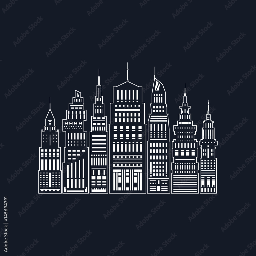 White Modern Big City on Black Background, Architecture Megapolis with Buildings and Skyscraper, City Financial Center in Line Style , Black and White Vector Illustration