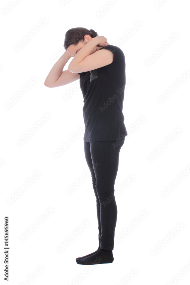 Black dressed people forming number one on white