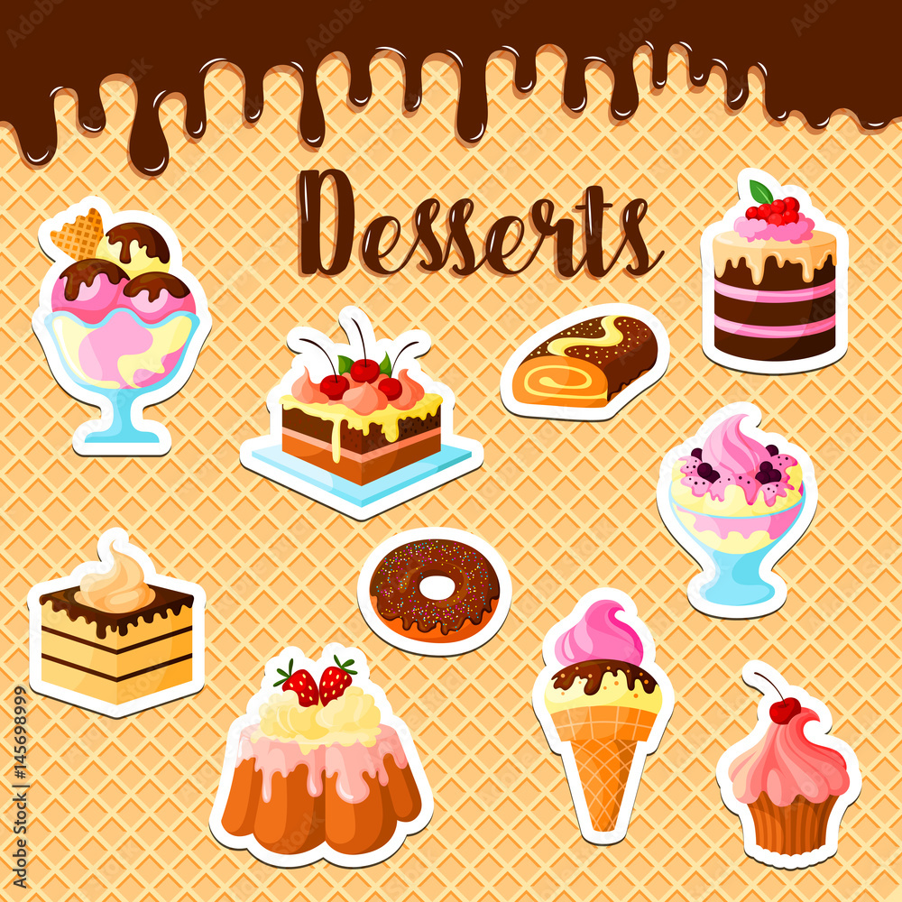 Pastry cakes and desserts on vector waffle. Cupcakes and tortes of  tiramisu, brownie and charlotte pudding, chocolate brownie muffins and ice  cream with fruit and berry for patisserie or bakery design Stock