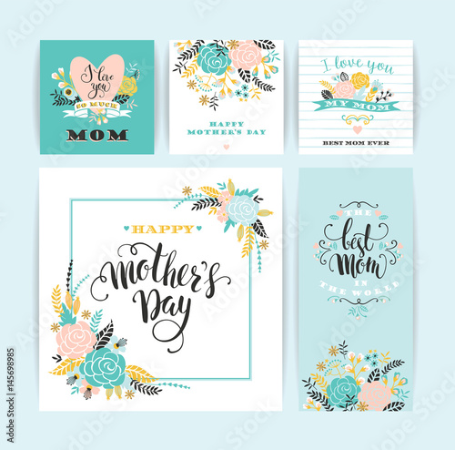 Set of Happy Mothers Day lettering greeting cards with Flowers.